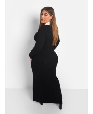 Rebdolls Women's Plus Size Eleanor Knit Contrast Collar Midi Bodycon ...