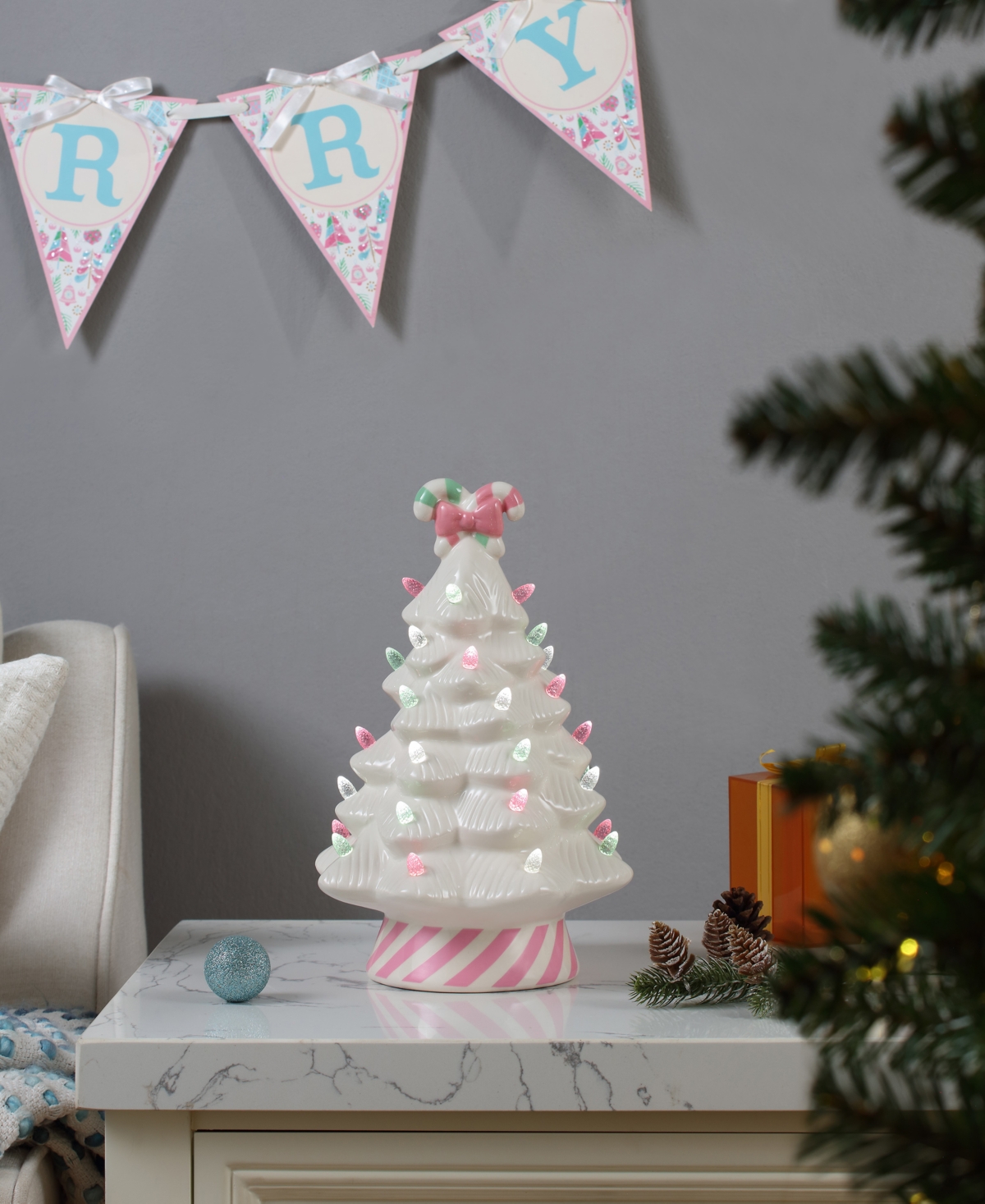 Mr. Christmas 12" Nostalgic Ceramic Lit Candy Cane Tree, Pink In White