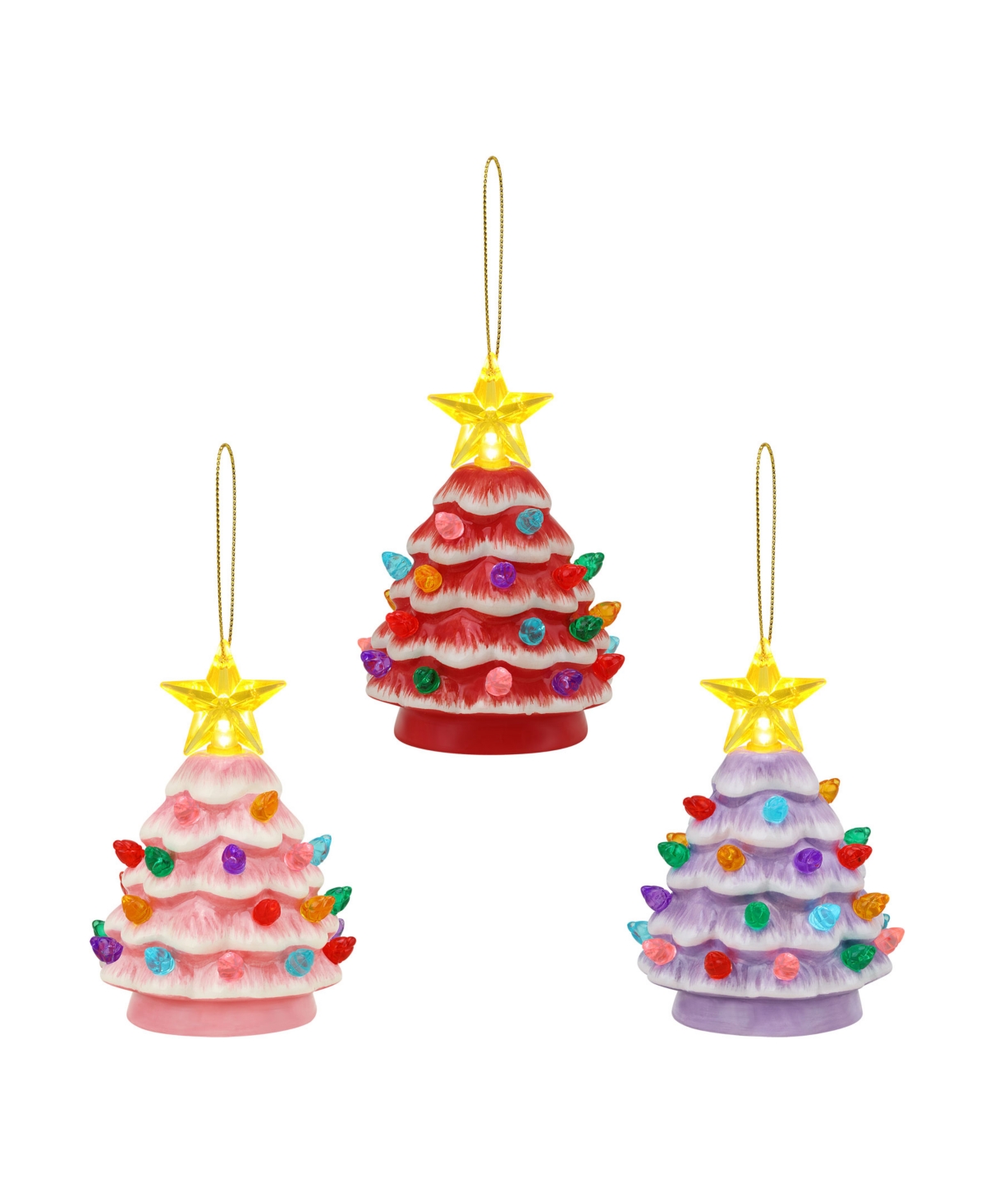 Mr. Christmas 4" Nostalgic Ceramic Lit Tree Ornaments Pink, Red, Lavender, Set Of 3 In Multi