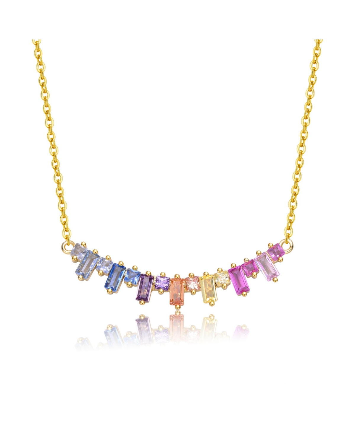 Teens/Young Adults 14k Gold Plated with Rainbow Gemstone Cubic Zirconia Linear Cluster Fringe Pendant Necklace - Gold