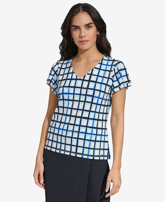 Calvin Klein Women's Clipped Dot Tiered Sleeve Top Green Size Medium