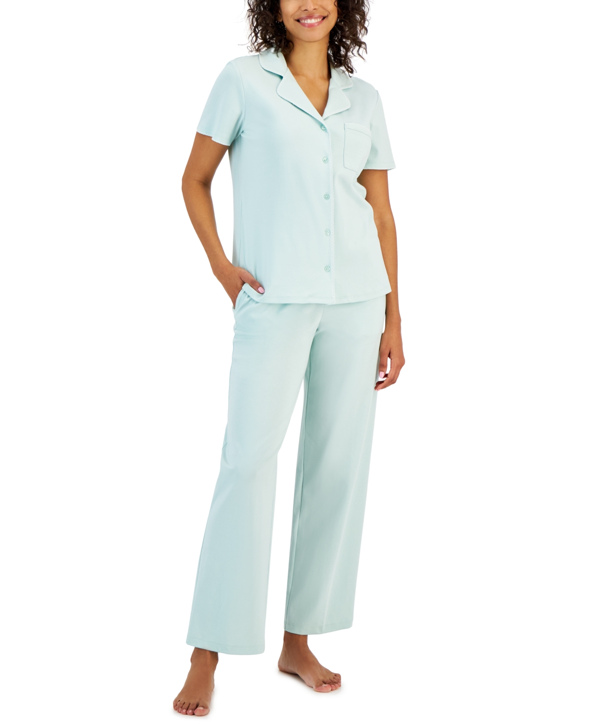 Charter Club Women's 2-pc. Notched-collar Pajamas Set, Created For Macy's In Fuzzy Green