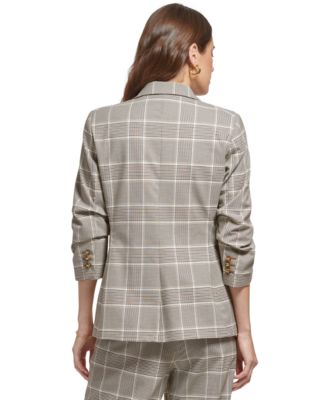 Petite Plaid Notch-Collar Ruched-Sleeve Jacket
