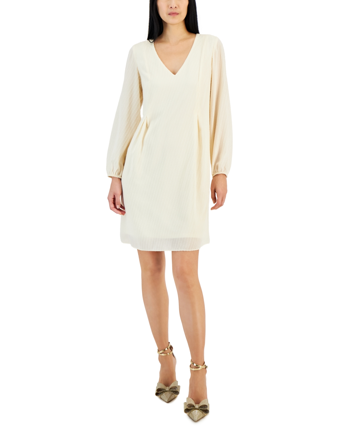 Inc International Concepts Women's Textured Chiffon Long-sleeve Bow-back Dress, Created For Macy's In Winter White