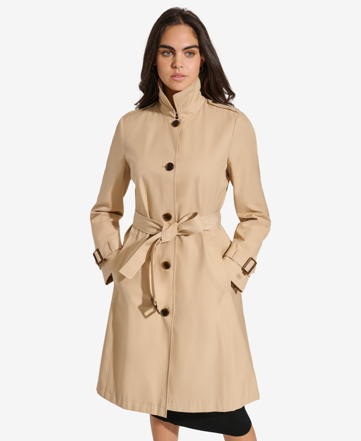 Women's Single-Breasted Pleated Trench Coat - Black