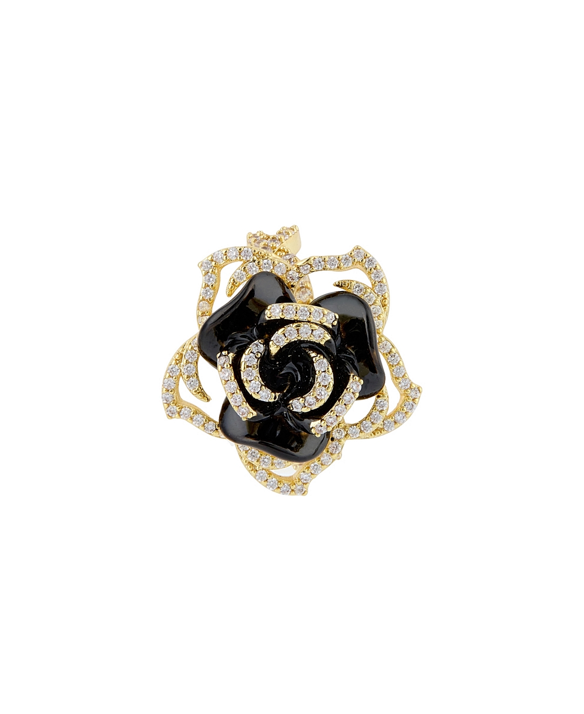 18K Gold Plated Brass, Black Enamel Statement Ring - Gold