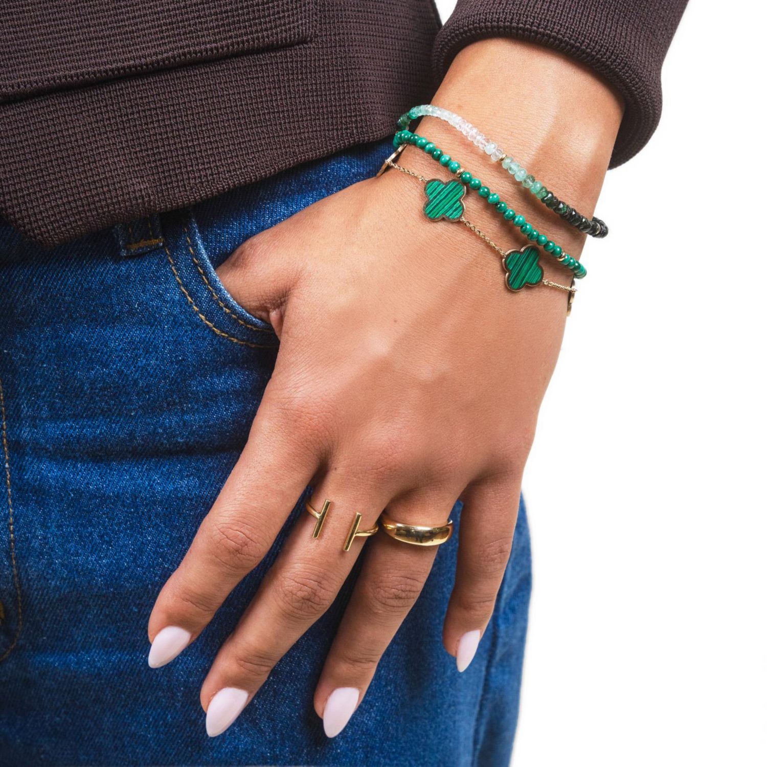 Large Malachite Clover Bracelet 14K Gold