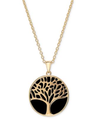 Macy's - Onyx Tree & Flower Reversible 18" Pendant Necklace in 14k Gold-Plated Sterling Silver