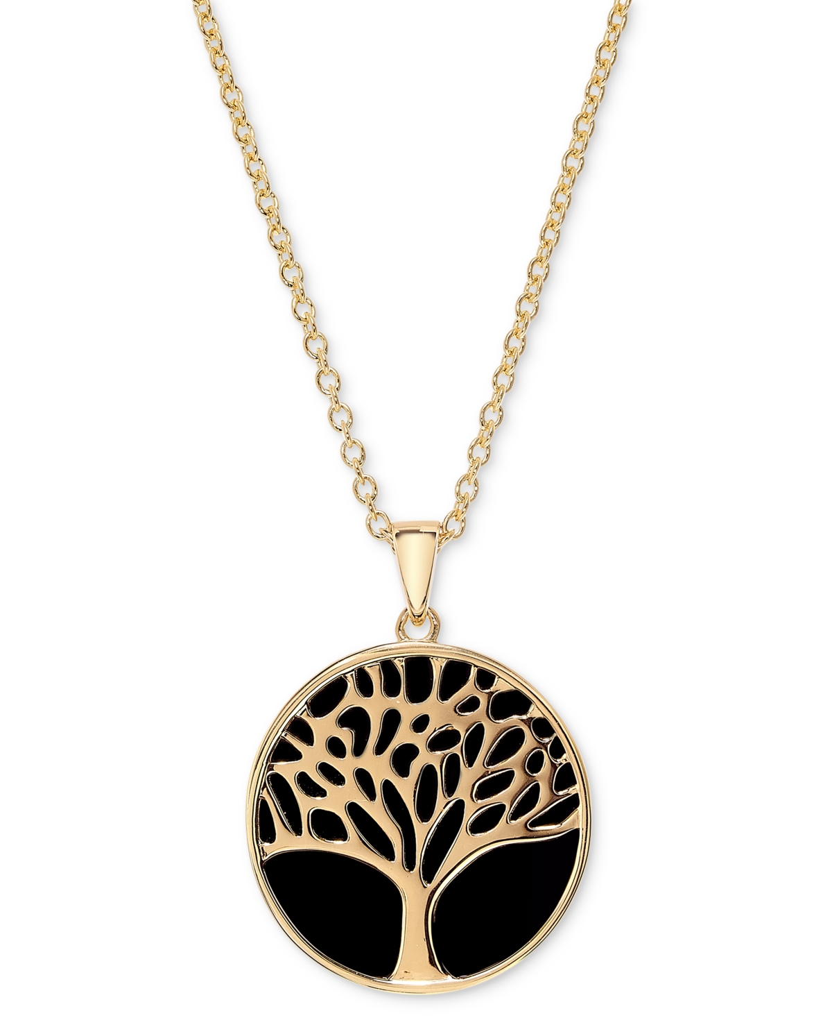 Macy's Onyx Tree & Flower Reversible 18" Pendant Necklace In 14k Gold-plated Sterling Silver