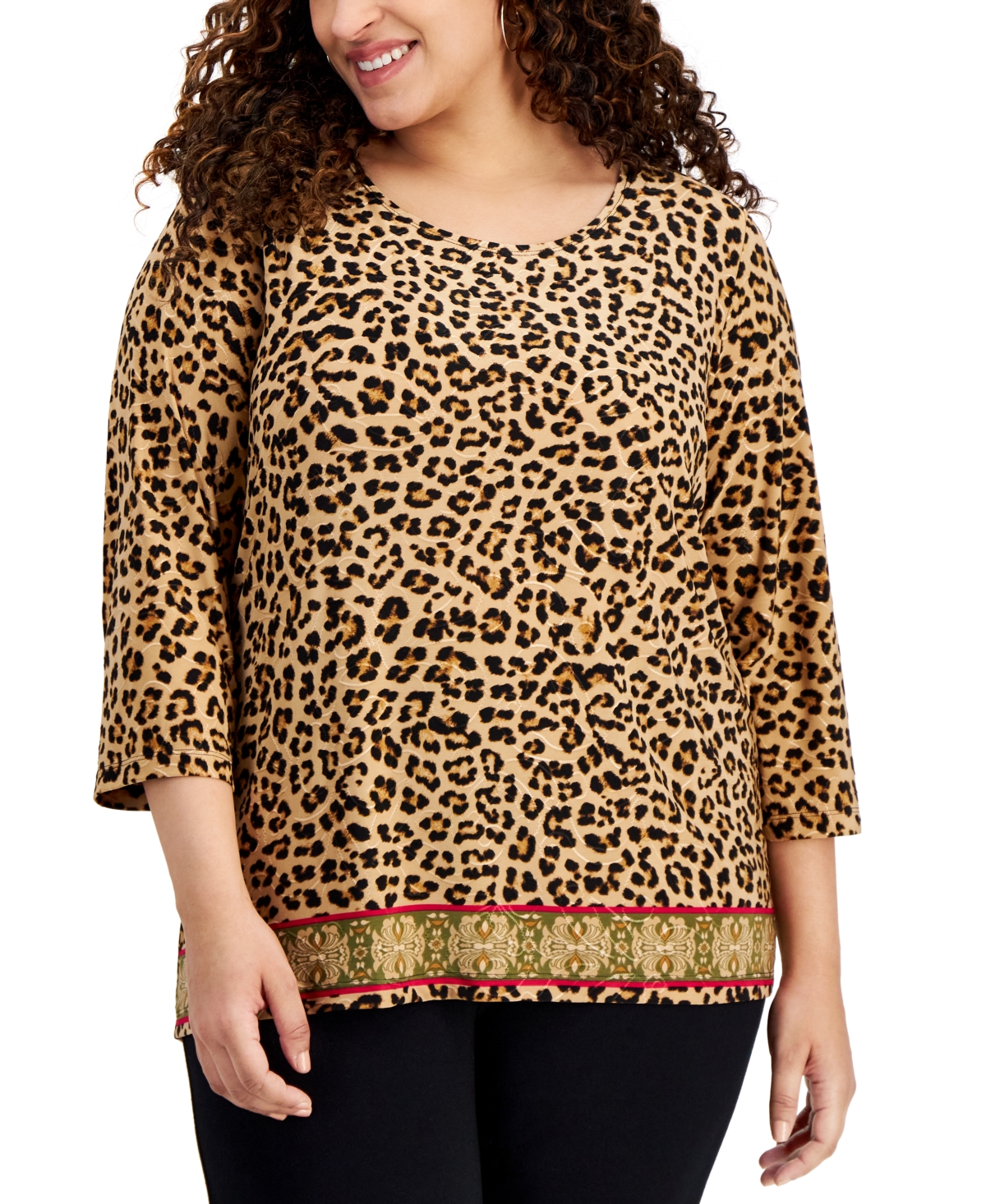 Shop Jm Collection Plus Size Animal-print 3/4-sleeve Border-hem Jacquard Top, Created For Macy's In Deep Black Combo