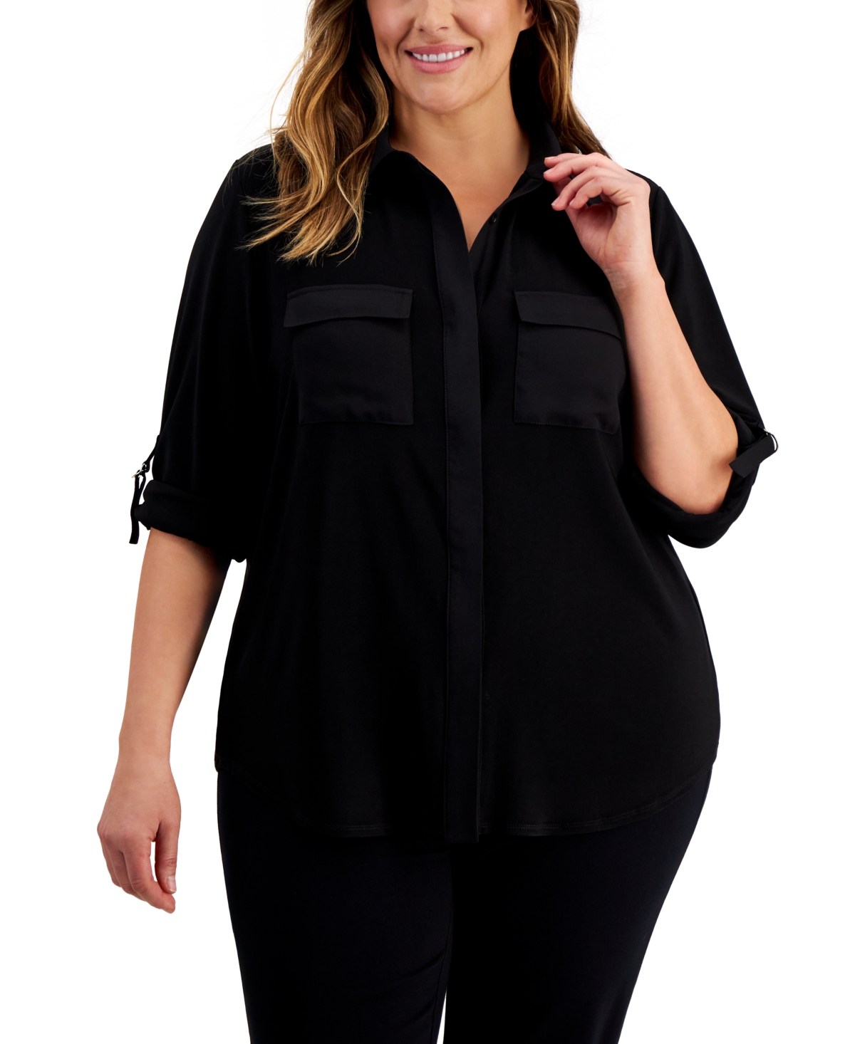 Shop Anne Klein Plus Size Collared Convertible Utility Top In Anne Black