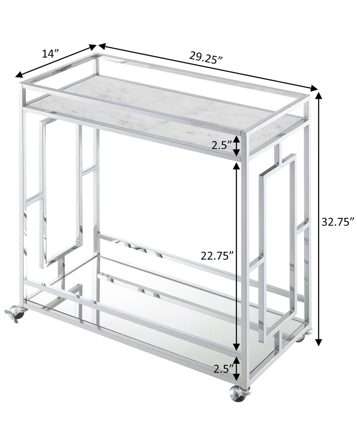 Convenience Concepts 29.25" Chrome Town Square Mirrored Bar Cart In White Marble,mirror,chrome