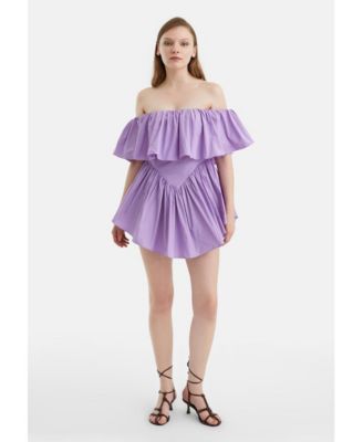 green gap dress Rent Forever New Petite Off Shoulder Mini Dress In Lilac Satin main image 1