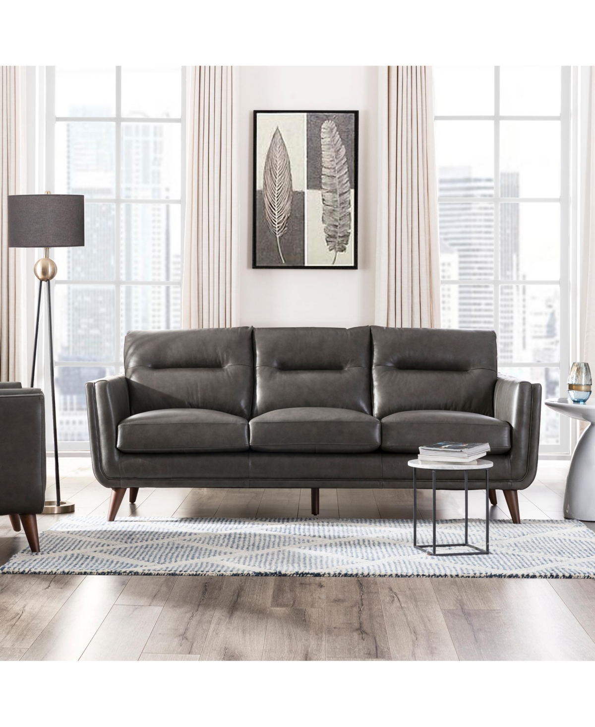 Nice Link Ava 84" Mid-century Modern Leather Sofa In Charcoal Gray
