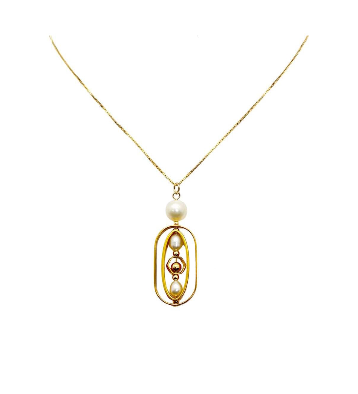 Pearls Geometric Pendant 18in Chain Necklace - White and gold