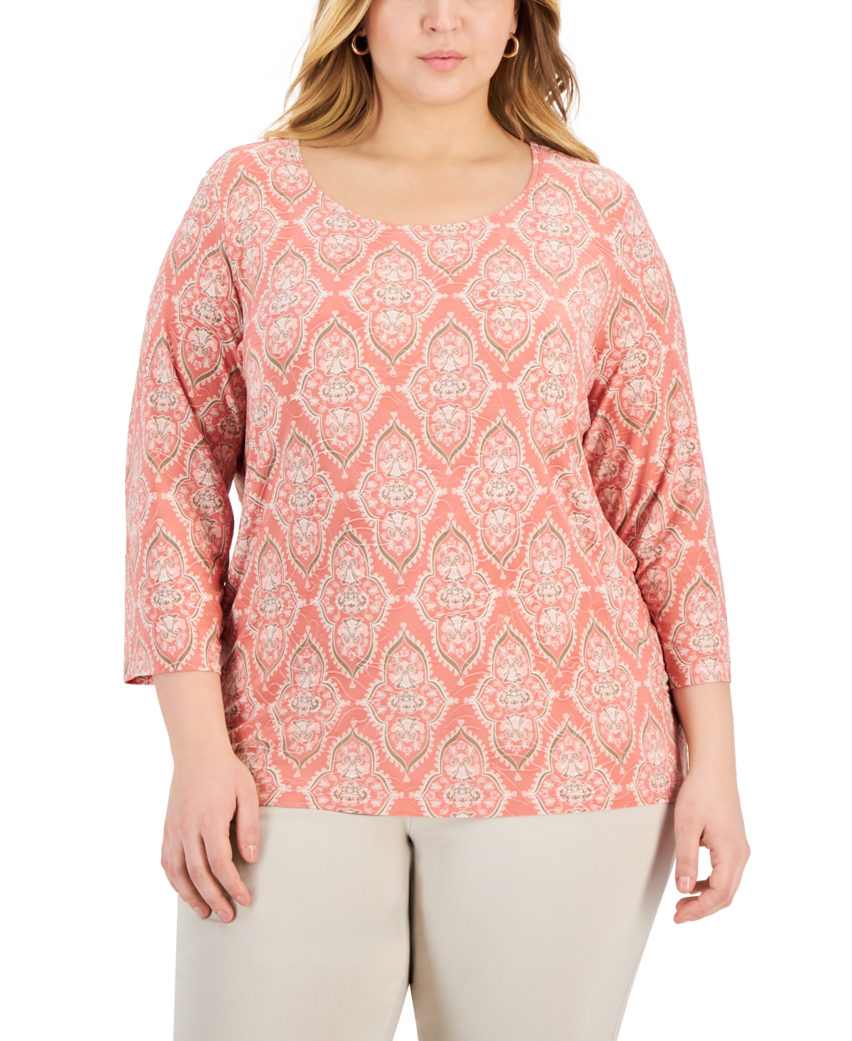 Jm Collection Plus Size Medallion Printed Jacquard Top, Created For Macy's In Burnt Brick Combo