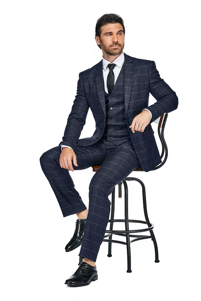 Men's 3-Piece Windowpane Plaid Slim Fit Suit - thumbnail 5