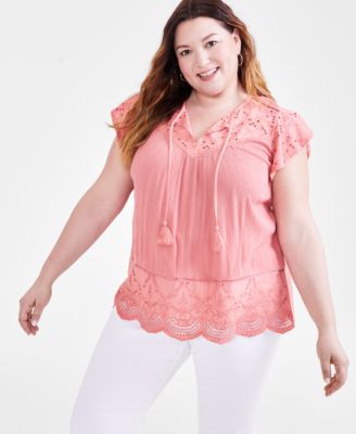 Style & Co - Plus Size Eyelet Crinkle Split-Neck Blouse