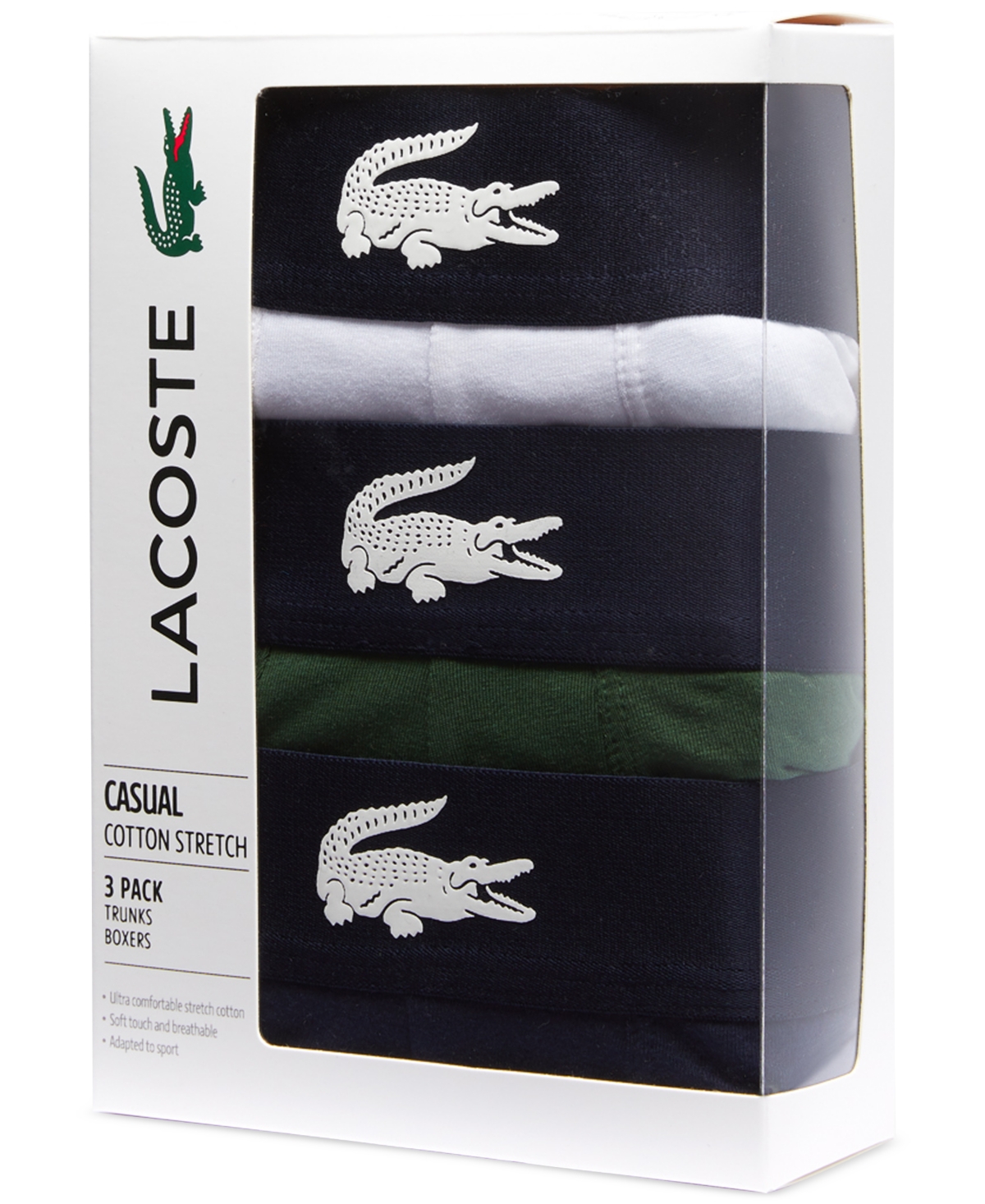 Lacoste Men's Casual Stretch Boxer Brief Set, 3 Pack - Thyme-Navy Blue - White