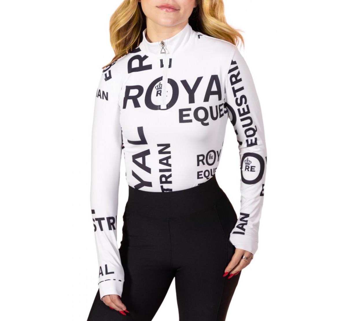 Royal Equestrian Functional Sport Base Layer Top - White with letters print on
