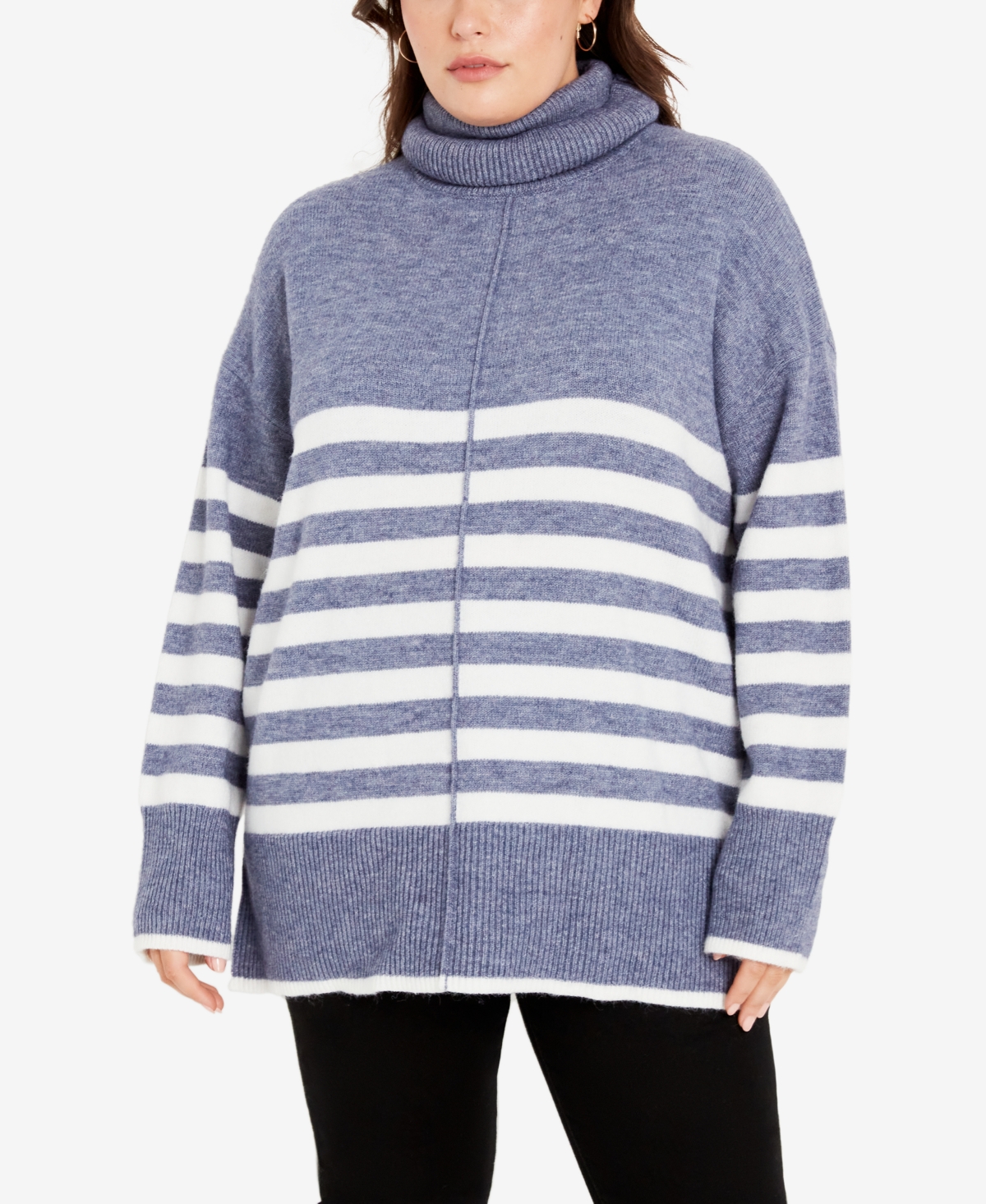 Avenue Plus Size Livvy Stripe Rolled Neck Sweater In Indigo