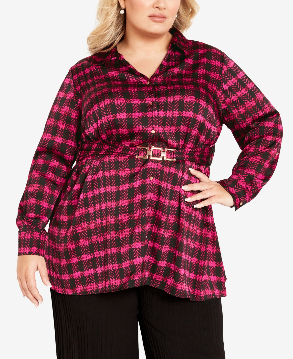 Avenue Plus Size Eva Longline Print Shirt Top In Pink Check