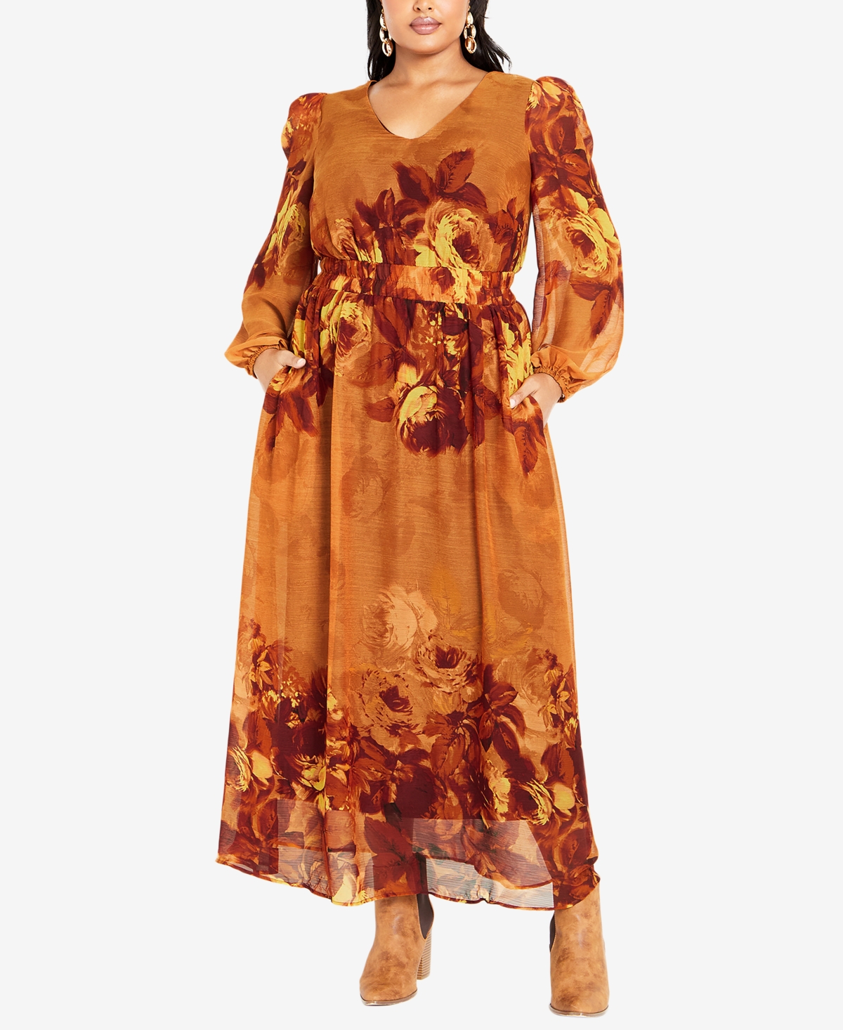 Avenue Plus Size Neve Fit And Flare Maxi Dress In Bronze Bloom