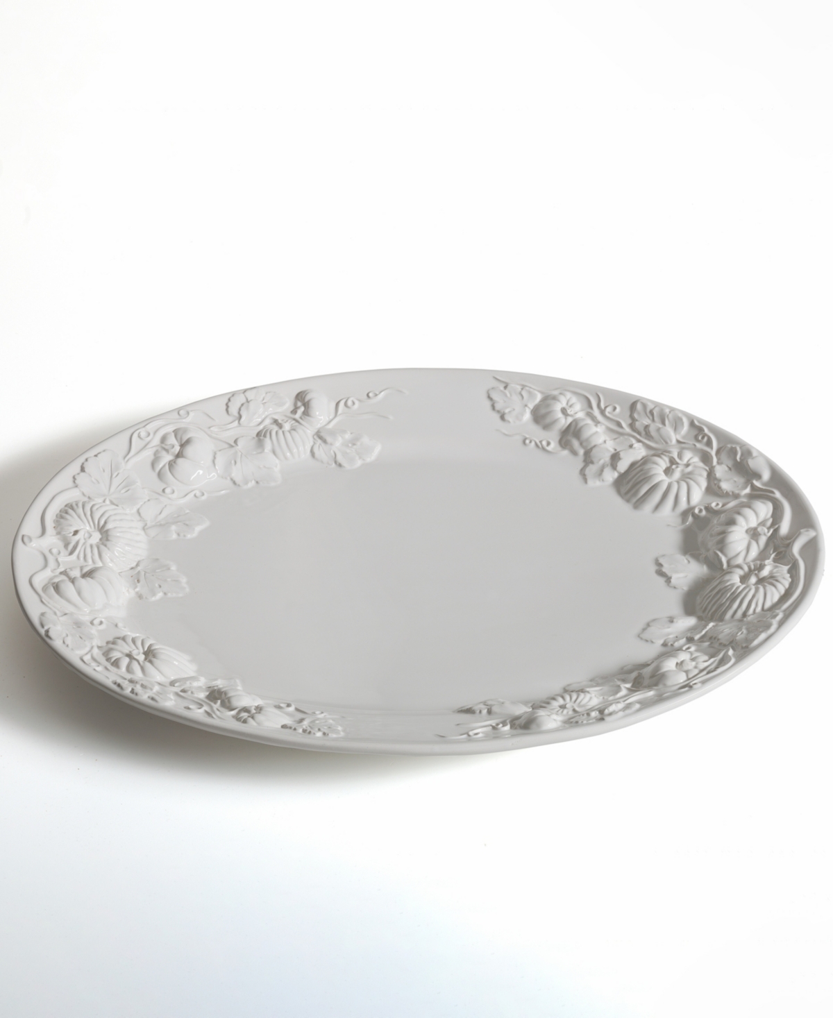 Euro Ceramica Pumpkin Leaf Turkey Platter And Gravy Boat Set, Embossed Pumpkin Fall Harvest In White