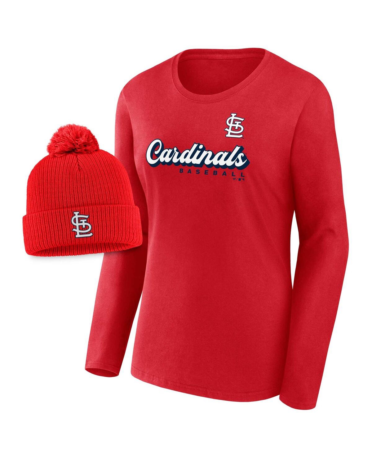 Shop Fanatics Women's  Red St. Louis Cardinals Run The Bases Long Sleeve T-shirt And Cuffed Knit Hat With