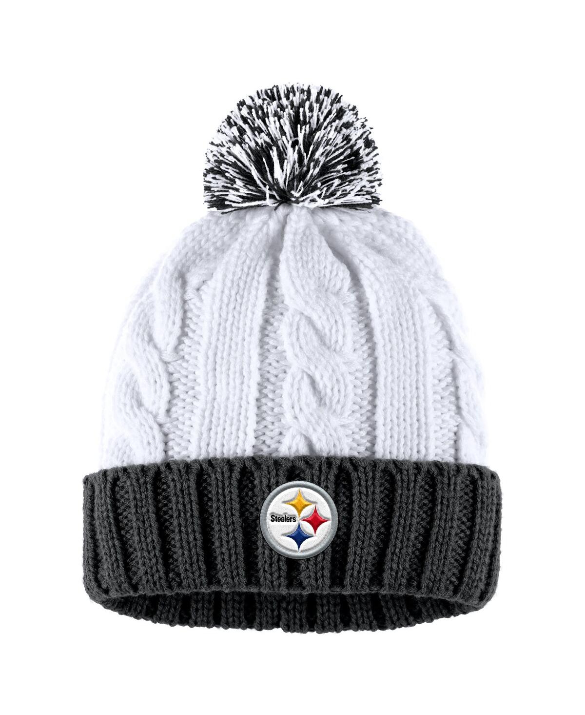 Shop Wear By Erin Andrews Women's  White Pittsburgh Steelers Cable Stripe Cuffed Knit Hat With Pom And Sca