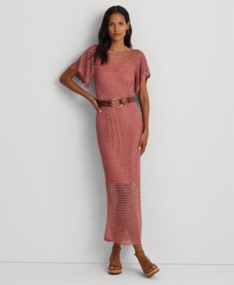 로렌 랄프로렌 Lauren Ralph Lauren Womens Belted Linen-Blend Pointelle-Knit Dress,Pink Mahogany