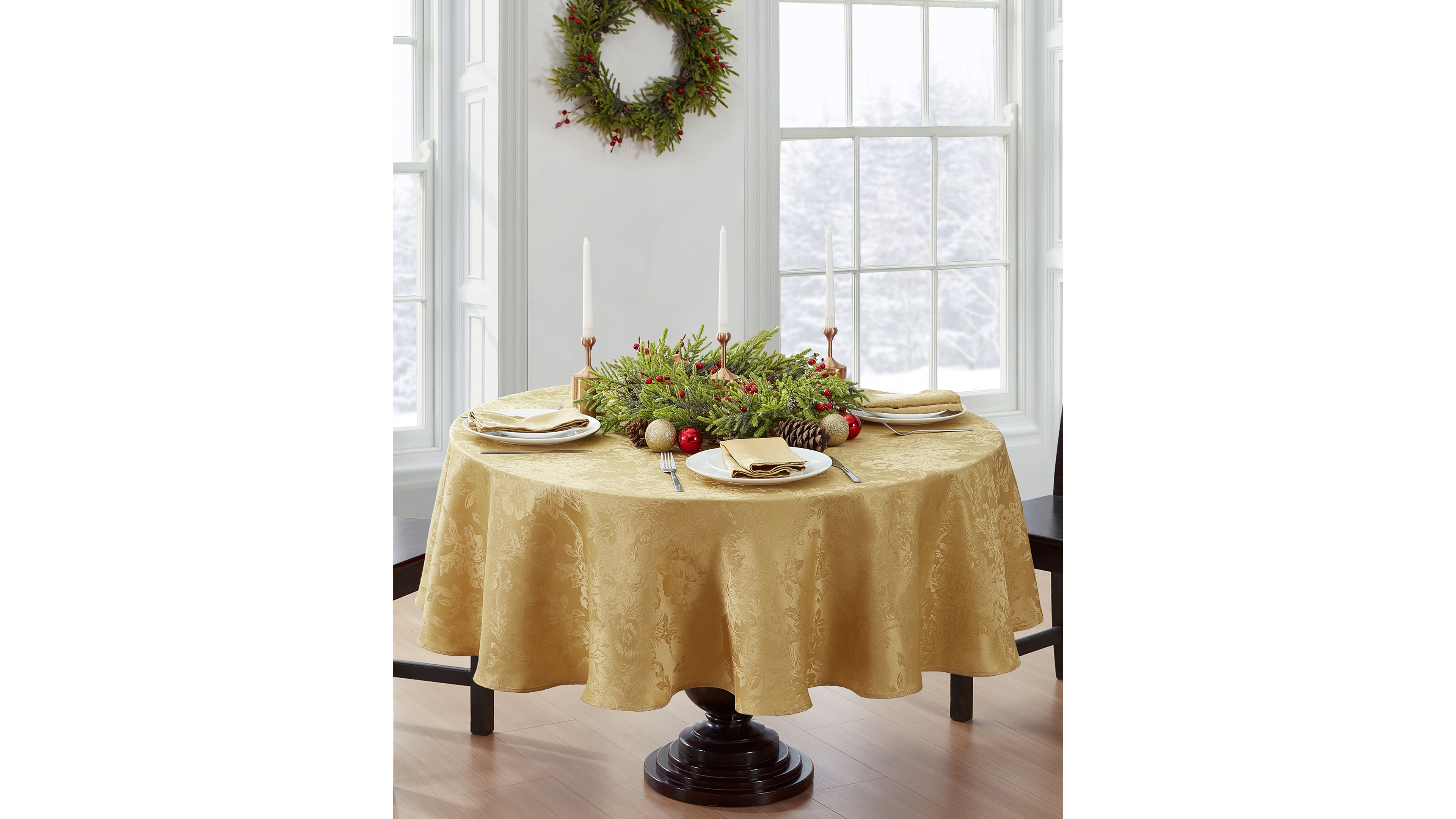 Elrene Poinsettia Elegance Jacquard Holiday Tablecloth - 60" x 84" Oval