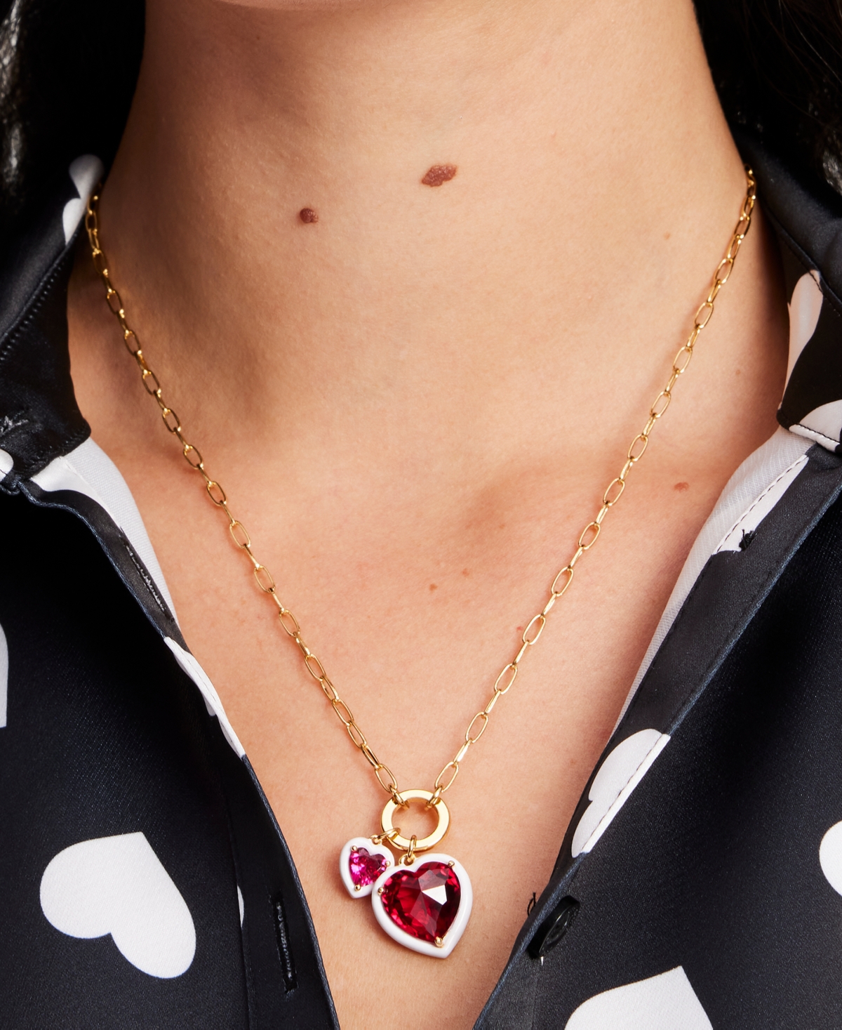 Shop Kate Spade Gold-tone White-framed Red Crystal Heart Multi-charm Pendant Necklace, 16" + 3" Extender In Red Multi