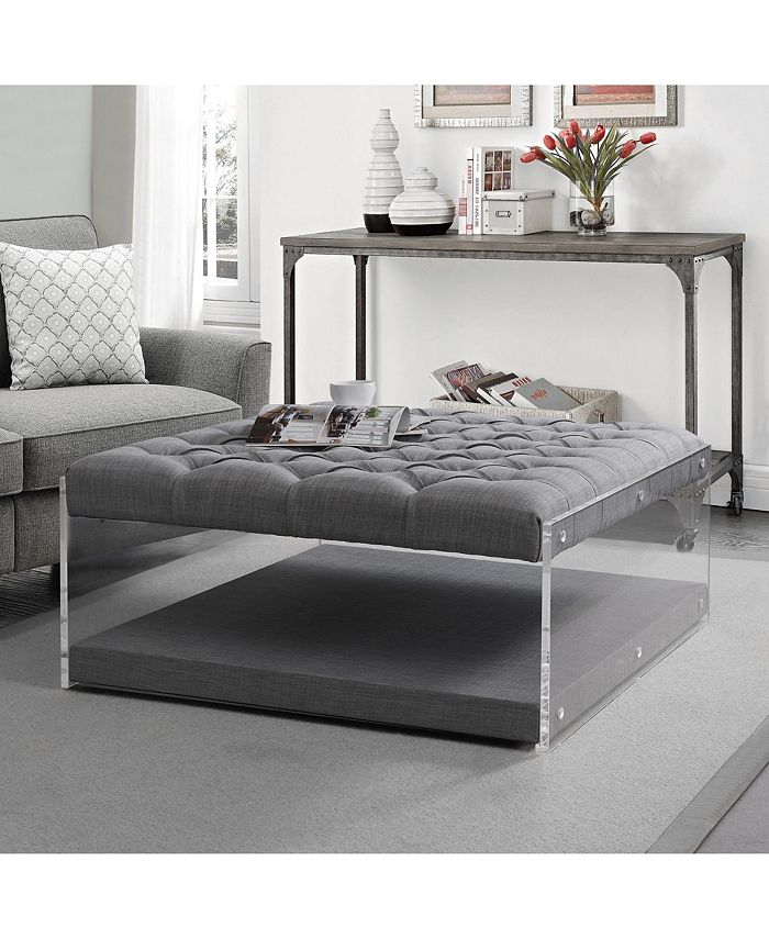 Inspired Home Fleur Linen Button Tufted Clear Acrylic Sides Ottoman