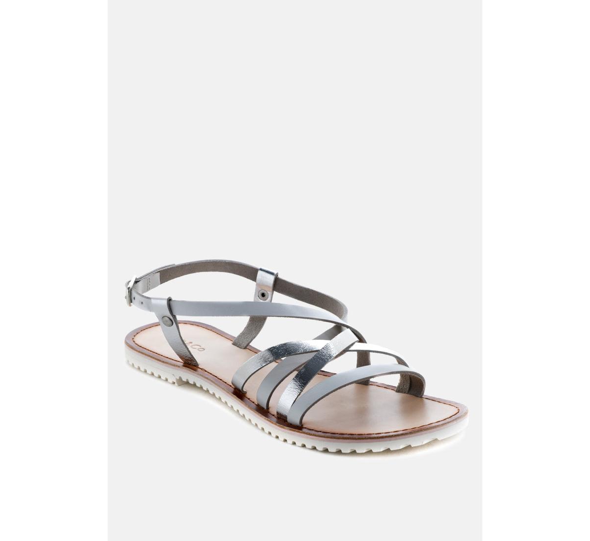 June Womens Strappy Flat Leather Sandals - Silver