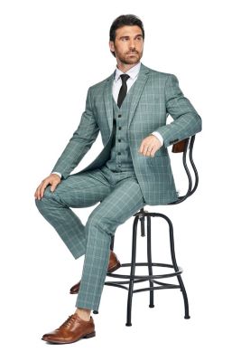 Men's 3 Piece Slim Fit Green Plaid Suit