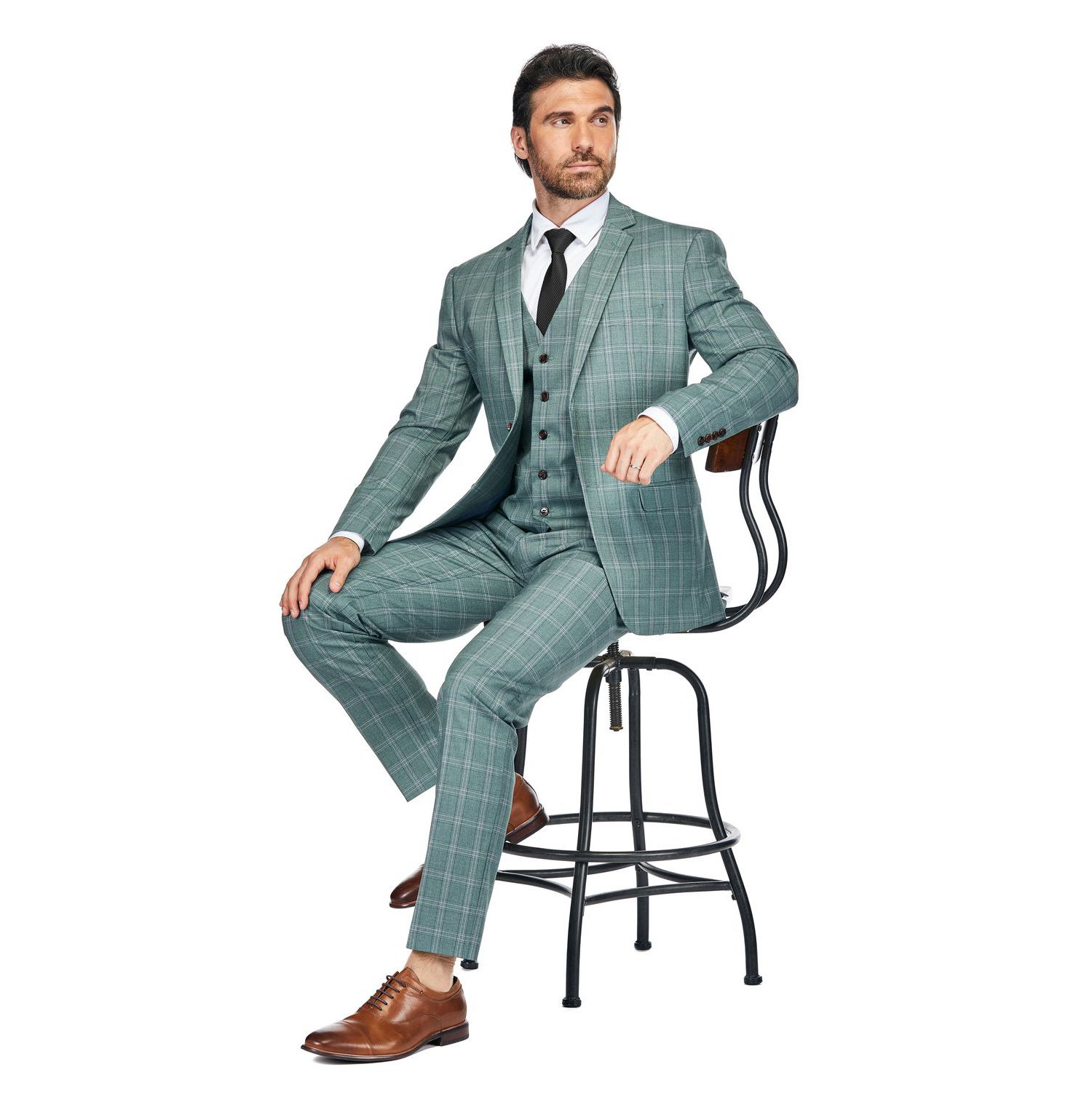 Men's 3 Piece Slim Fit Green Plaid Suit