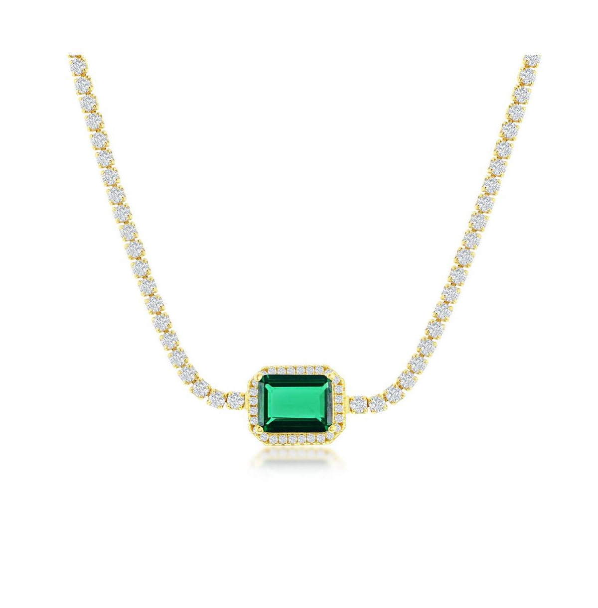Sterling Silver Asscher-Cut Emerald Cz Tennis Choker - Gold Plated - Emerald