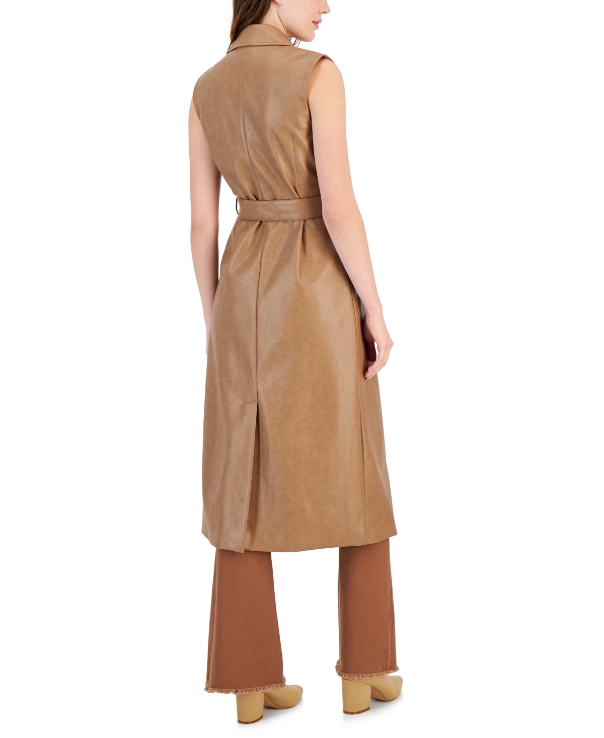 Shop Avec Les Filles Women's Faux Leather Sleeveless Midi Trench Coat In Fawn