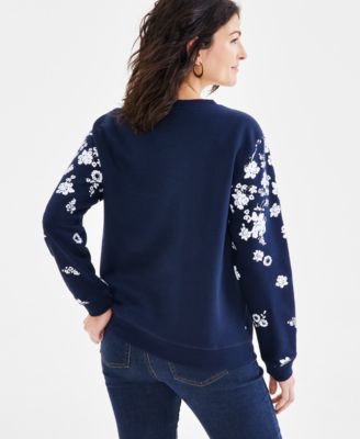 Petite Raining Flower Printed Long-Sleeve Sweatshirt, Created for Macy's
