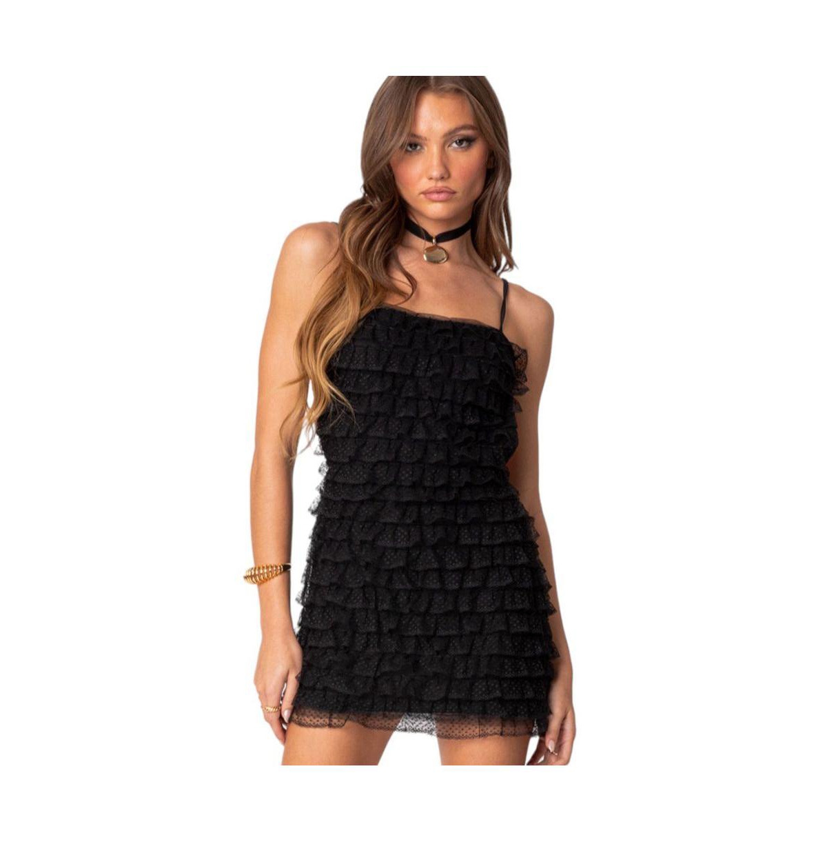 Women's Party Favor ruffled open back mini dress - Black