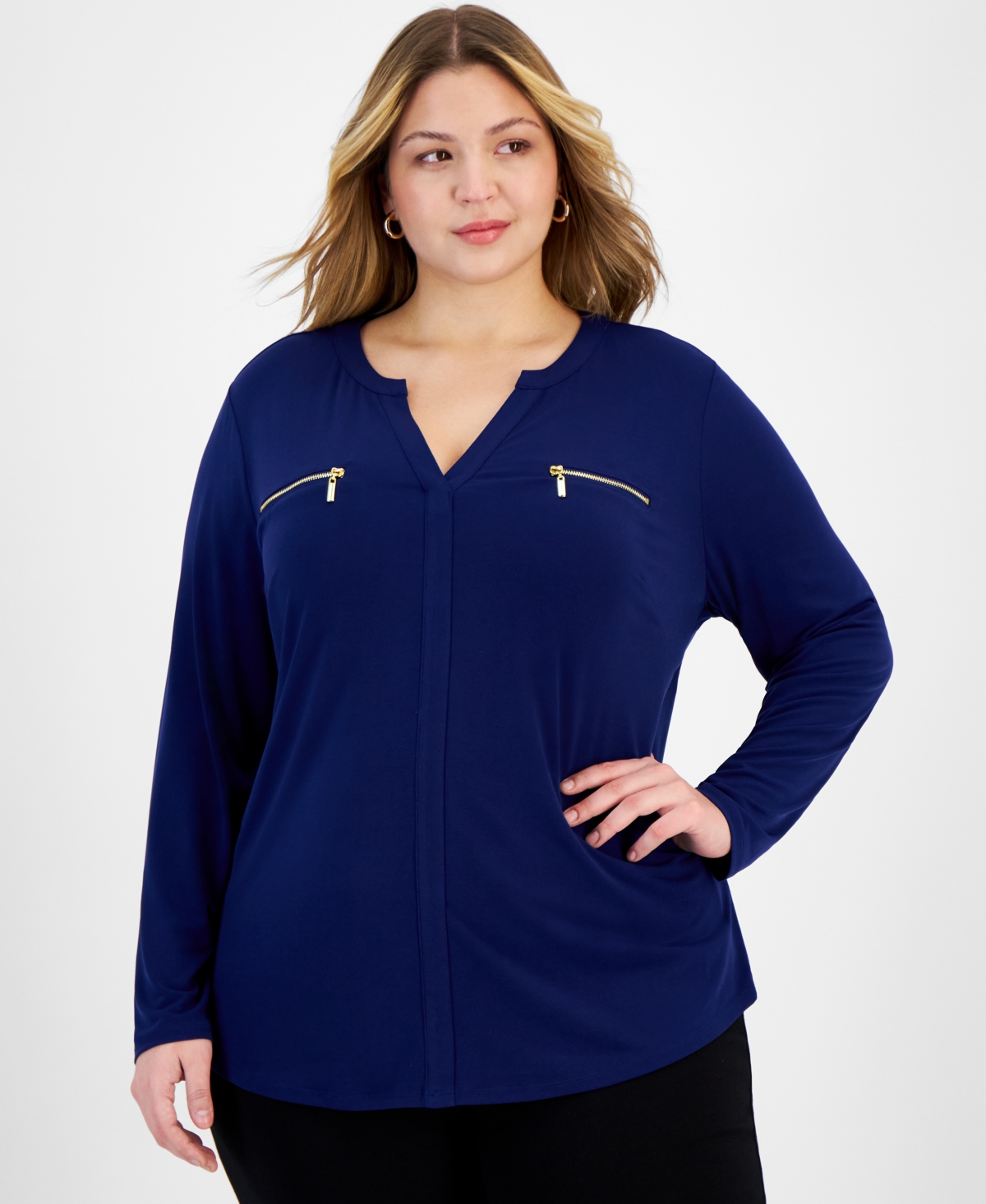 Inc International Concepts Plus Size Zip-pocket Top, Created For Macy's In Sapphire Crush