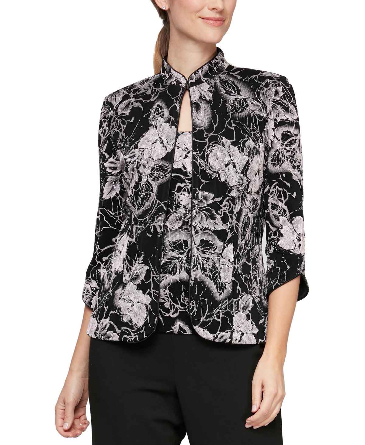 Alex Evenings Petite Glitter Floral Jacket And Top In Black Shell Pink