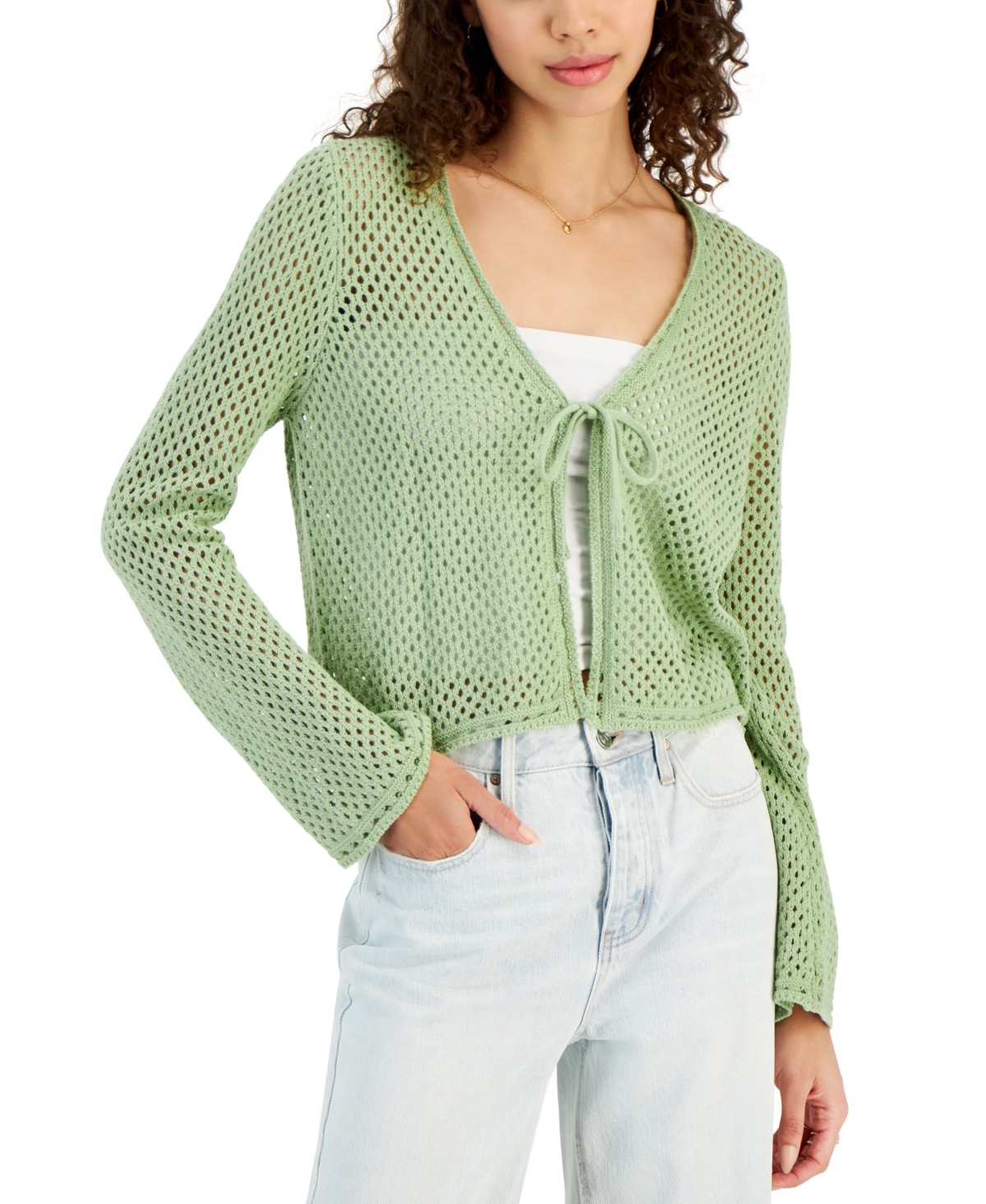 Shop Hooked Up By Iot Juniors' Pointelle Tie-front Cardigan In Fresh Sage