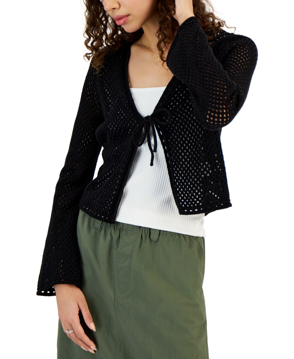 Shop Hooked Up By Iot Juniors' Pointelle Tie-front Cardigan In Black