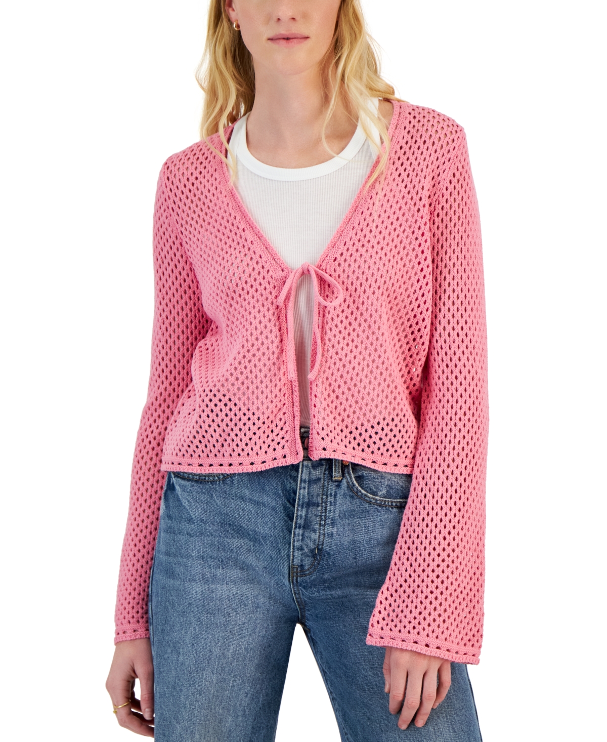Shop Hooked Up By Iot Juniors' Pointelle Tie-front Cardigan In Agave Pink