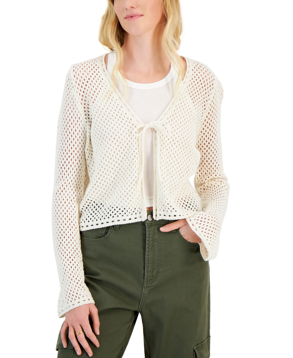 Shop Hooked Up By Iot Juniors' Pointelle Tie-front Cardigan In New Cream