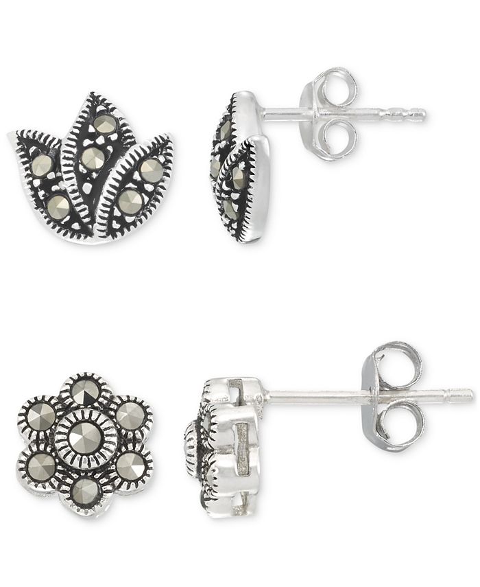Macy s 2 Pc. Set Marcasite Flower Stud Earrings 1 8 ct. t.w. in