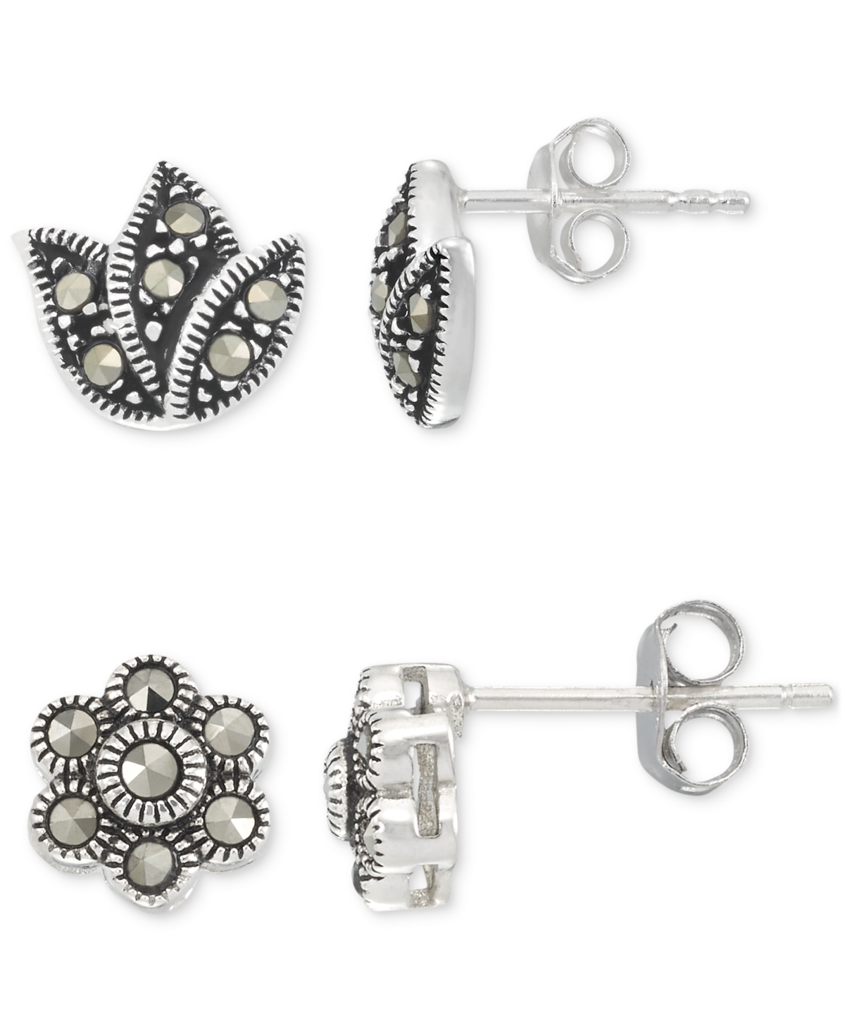 Macy's 2-pc. Set Marcasite Flower Stud Earrings (1/8 Ct. T.w.) In Sterling Silver