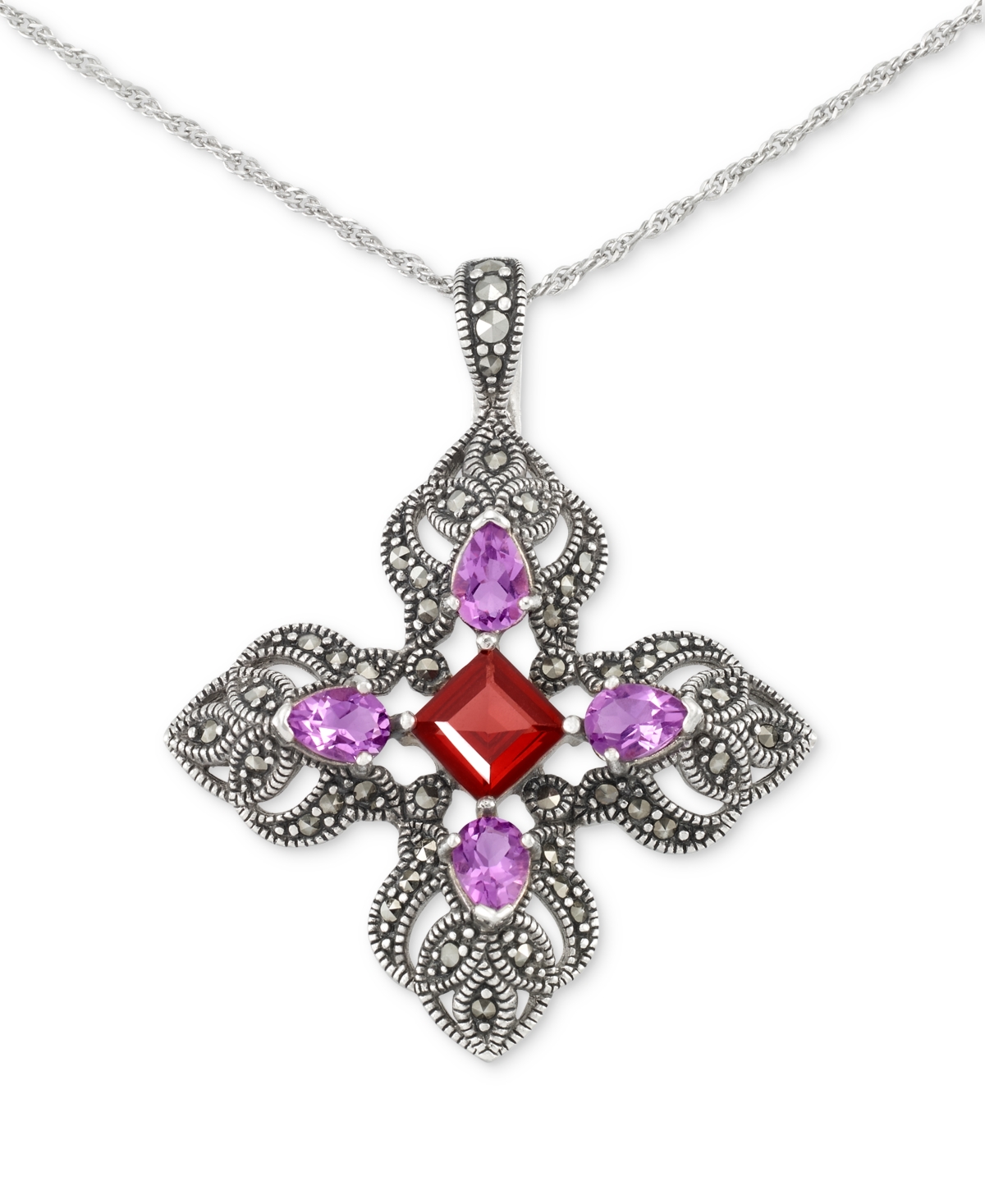 Macy's Amethyst (1-1/3 Ct. T.w.), Garnet (1-5/8 Ct. T.w.), & Marcasite (5/8 Ct. T.w.) Filigree Cross 18" Pe In Multi-gemstone